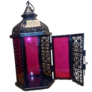 Magenta Pink Glass Blue & Silver Cutout Metal Hanging Candle Lantern NWT